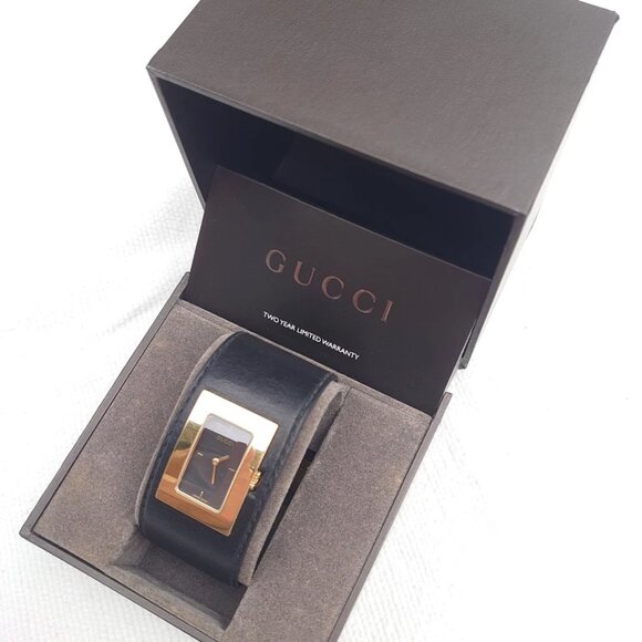 (WITH BOX) Gucci 7800L Black Leather Golden Watch Ladies Watch Working Vintage - Picture 7 of 9